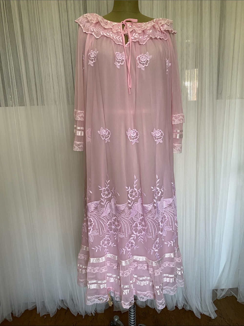 Vintage 60’s Sheer Pink Floral Lace Nightgown - Romantic Long Sleeves by Romance